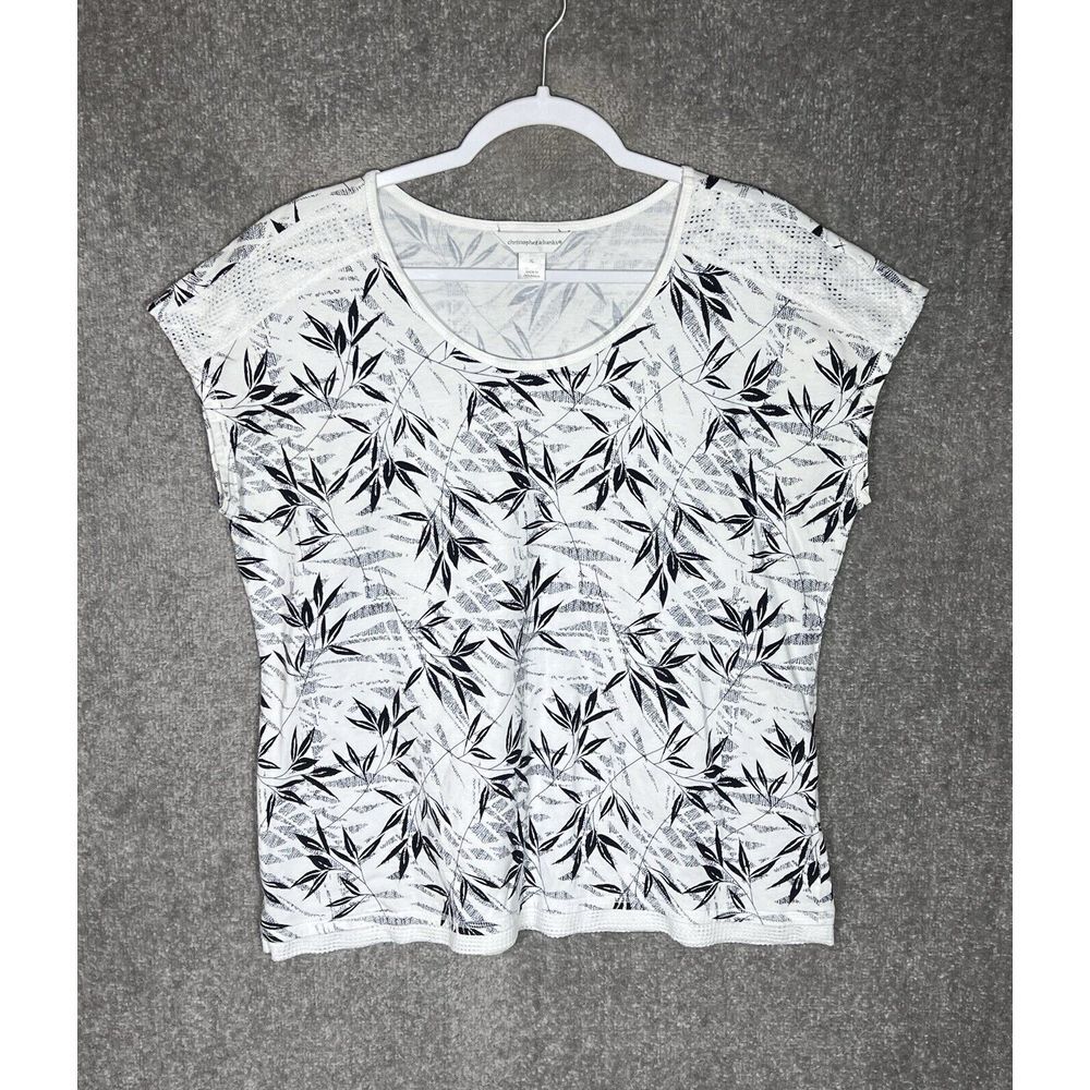 Christopher & Banks Top Womens Size‎ XL White Botanical Mesh Trim Short Sleeve
